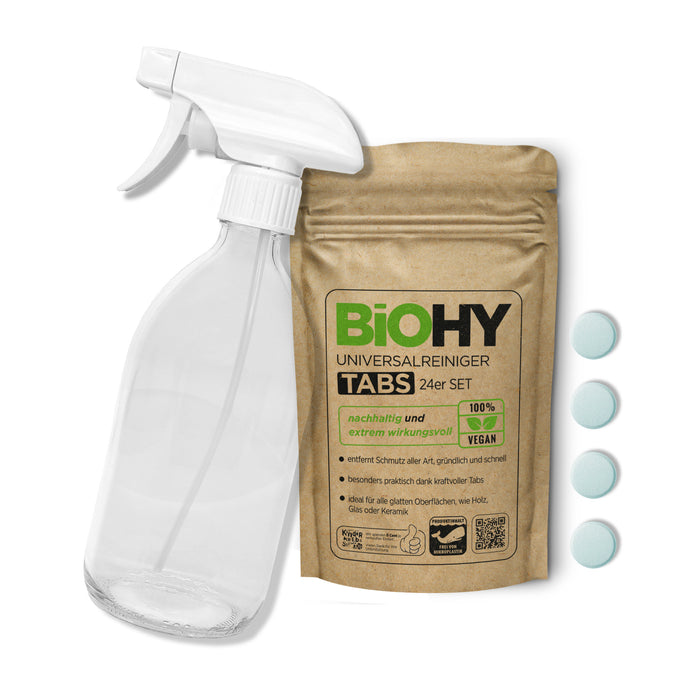 BiOHY Glasflaschen-Set – Glas-Sprühflasche 500 ml mit 4er-Packung Universalreiniger Tabs