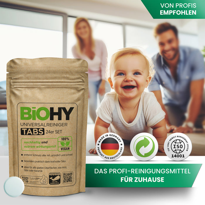 BiOHY Universalreiniger Tabs – Anwendung auf Glas, Holz und glatten Oberflächen