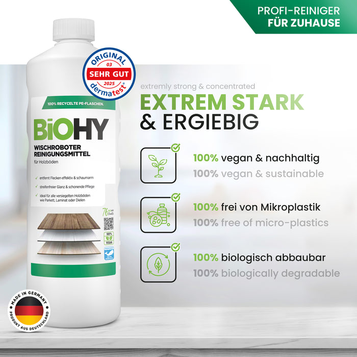 BiOHY Wischroboter-Reiniger für Holzböden – Produktinfografik zu Eigenschaften und Anwendung
