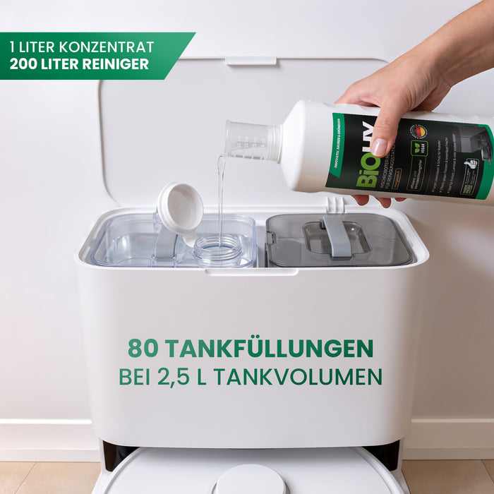 BiOHY Reinigungsmittel für Wischroboter-Reinigungsstationen mit Orangenduft – Dosierung in den Frischwassertank: 1 Liter Konzentrat ergibt 200 Liter Reiniger, 80 Tankfüllungen bei 2,5 Liter