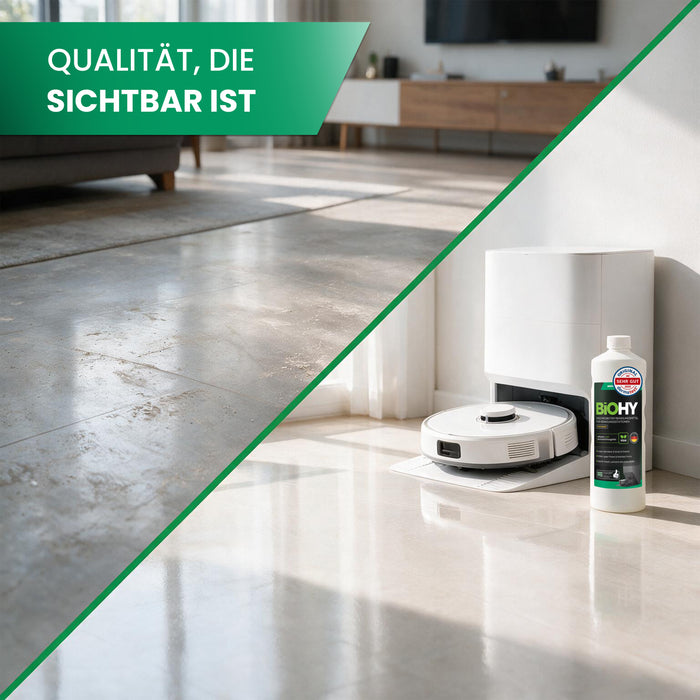 BiOHY Reinigungsmittel für Wischroboter-Reinigungsstationen – Vorher-Nachher-Vergleich eines Steinbodens, daneben Wischroboter mit Station