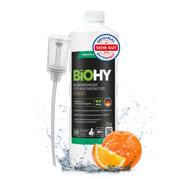 BiOHY Wischroboter-Bodenreiniger Orangenduft – Flasche in der Frontansicht