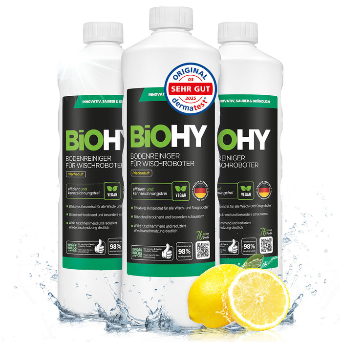 BiOHY Wischroboter-Bodenreiniger Frischeduft – Etikett mit Dosierhinweis