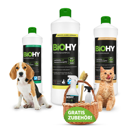 BiOHY Happy-Haustier-Set mit vier 1-Liter-Konzentraten, Sprühflasche, Spülbürste und Dosierer nebeneinander