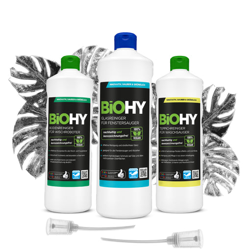 BiOHY Hightech-Set: drei 1-Liter-Flaschen Bodenreiniger für Wischroboter, Glasreiniger für Fenstersauger und Teppichreiniger für Waschsauger mit Dosierer