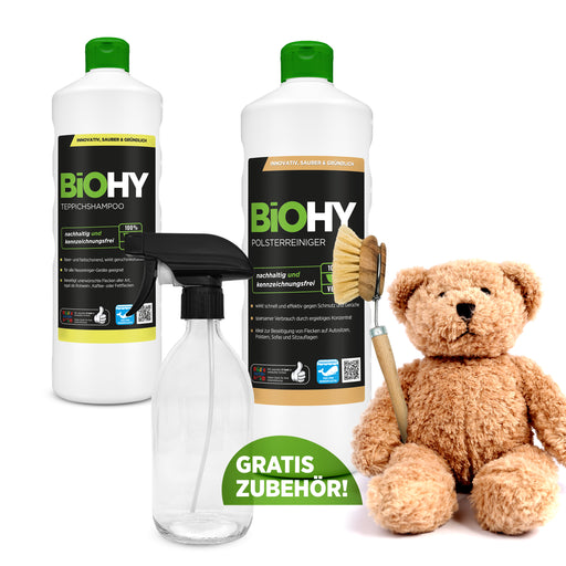 BiOHY Kuschelweich-Set mit Polsterreiniger und Teppichreiniger je 1 Liter, Glas-Sprühflasche und Spülbürste aus Buchenholz