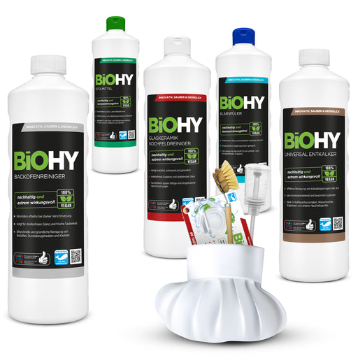 BiOHY Chefkoch-Komplett-Set mit sechs 1-Liter-Flaschen, Spülmaschinentabs, Spülbürste und Dosierer