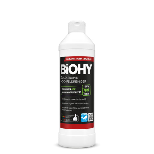 Flasche BiOHY Glaskeramik Kochfeldreiniger 500 ml Konzentrat vor einem Glaskeramik-Kochfeld