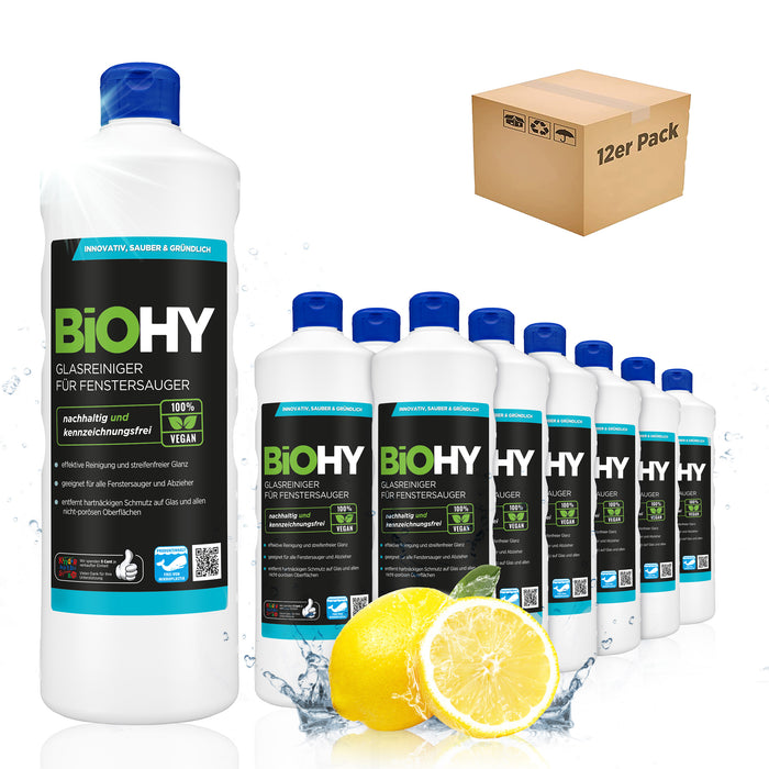 BiOHY Glasreiniger für Fenstersauger – 12er Sparpack mit 12 x 1 Liter Flaschen
