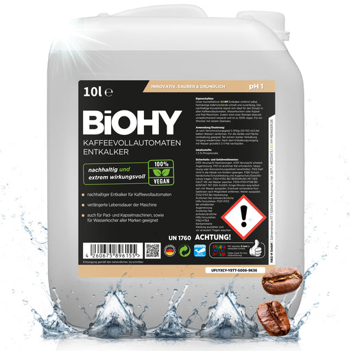 10-Liter-Kanister BiOHY Kaffeevollautomaten Entkalker, Frontansicht mit Etikett und Tragegriff