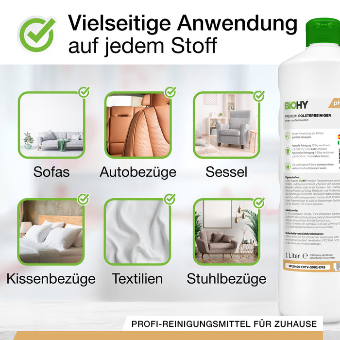 BiOHY Premium Polsterreiniger 10L (B2B) – Anwendungsbeispiel Polstermöbel und Autositz