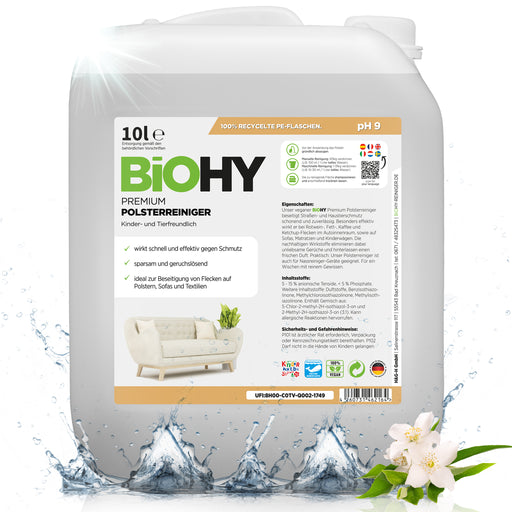 Weißer 10-Liter-Kanister BiOHY Premium Polsterreiniger mit grünem Etikett und Tragegriff, Frontansicht