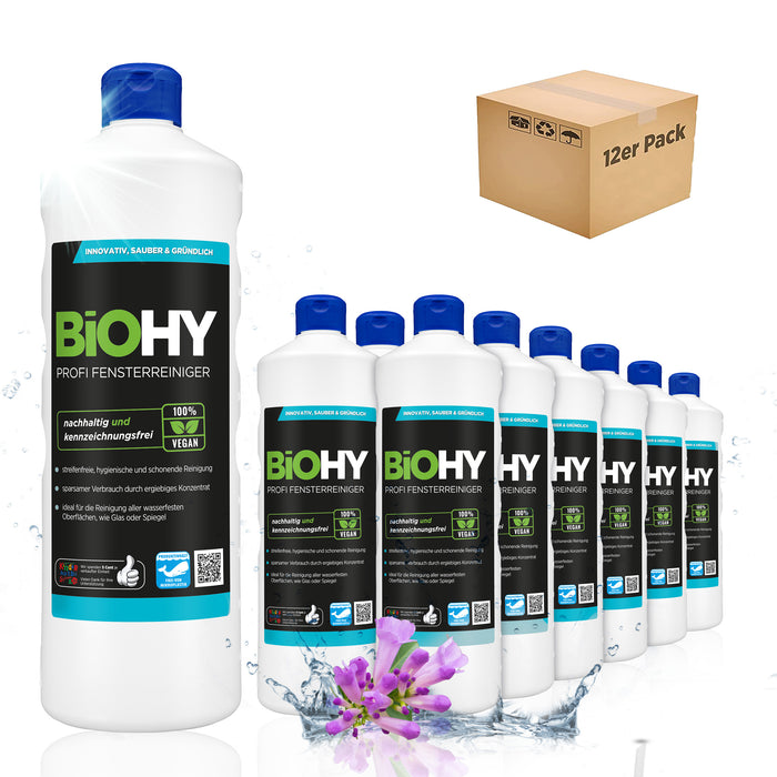 BiOHY Profi Fensterreiniger – 12er-Pack (12 x 1 Liter Flasche) für Gebäudereinigung