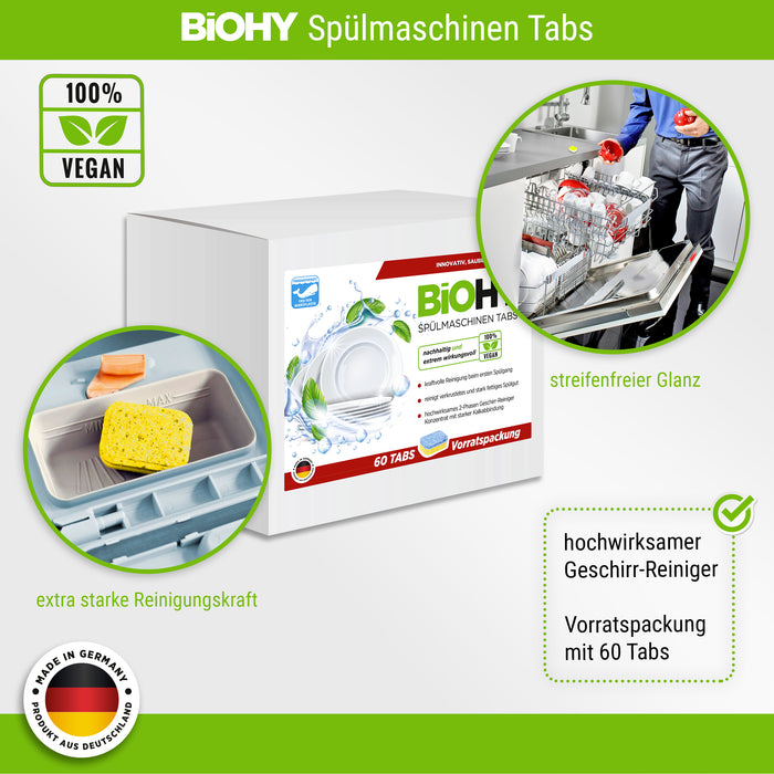 BiOHY Spülmaschinen Tabs 2-Phasen – Produktvorteile: starke Kalkabbindung, cellophaniert