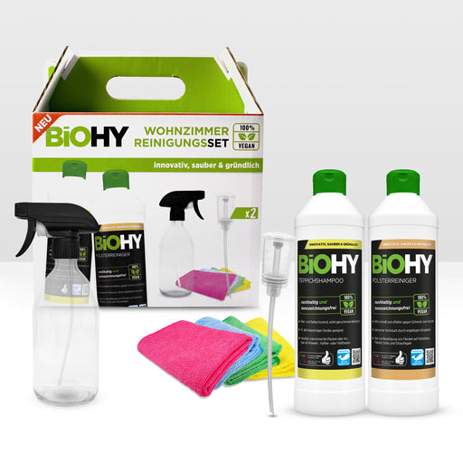 BiOHY Wohnzimmer-Reinigungsset mit drei Konzentratflaschen für Polster, Teppich und Glas nebst Sprühflasche und Dosierer